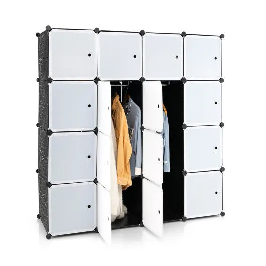 16-Cube Storage Organizer with 16 Doors and 2 Hanging Rods-Black