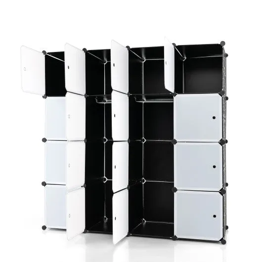 16-Cube Storage Organizer with 16 Doors and 2 Hanging Rods-Black