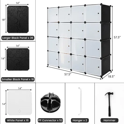 16-Cube Storage Organizer with 16 Doors and 2 Hanging Rods-Black