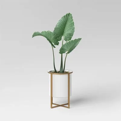 2pc Iron Indoor Outdoor Planter Pot with Stand White/Brass 9"x9"x12.1" - Threshold