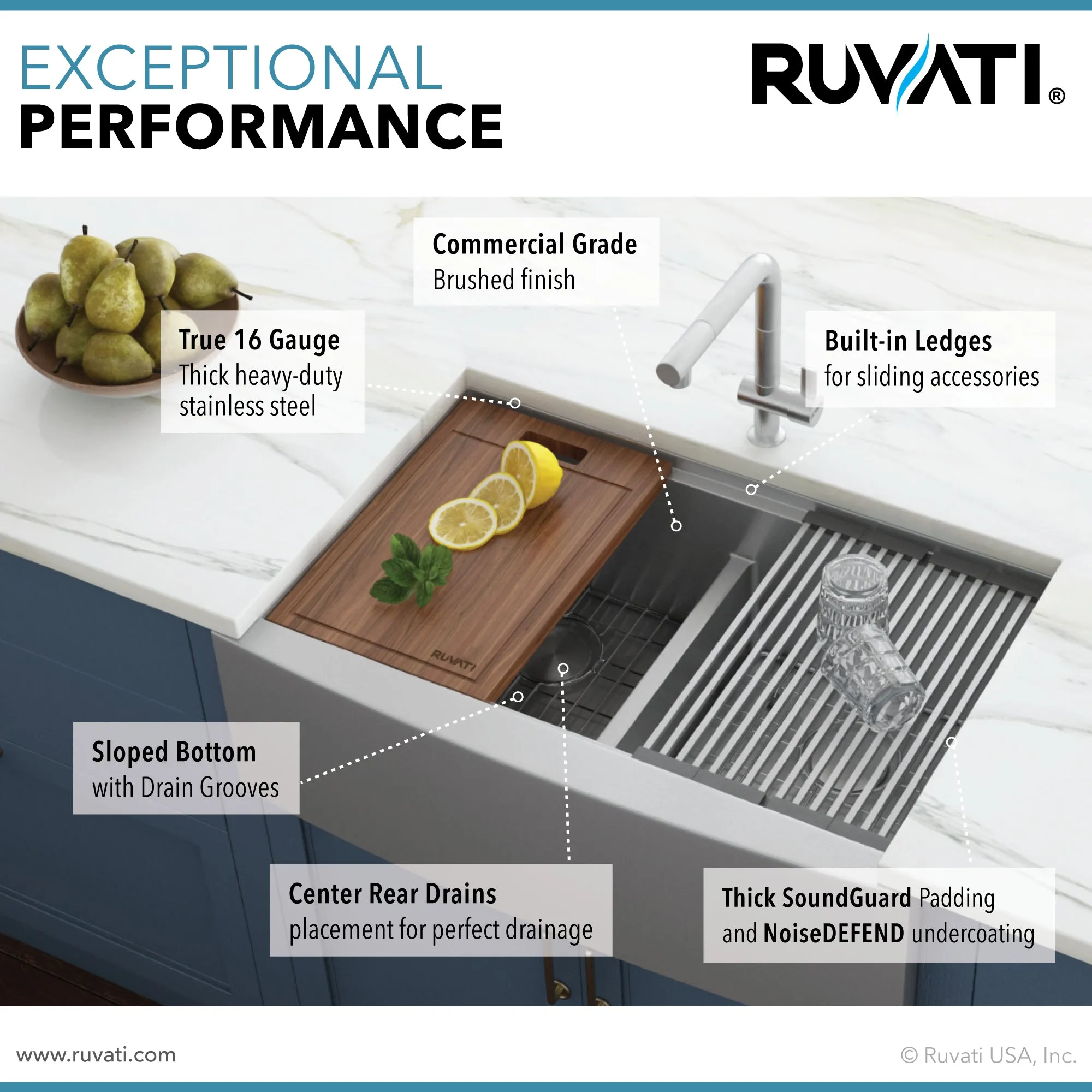 33″ Apron-front Workstation Low-Divide Double Bowl 60/40 Farmhouse Kitchen Sink 16 Gauge Stainless Steel