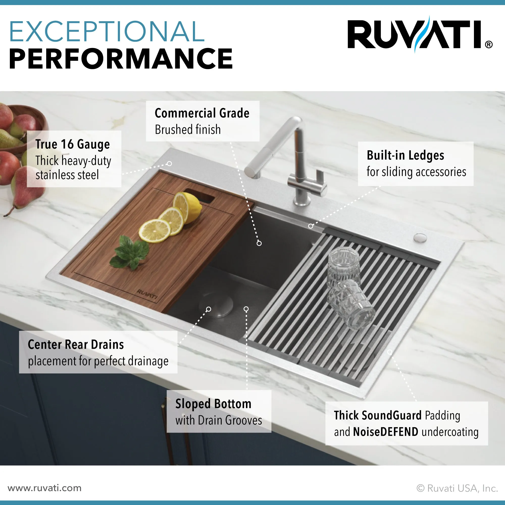 33 x 22 inch Workstation Drop-in 60/40 Double Bowl Topmount Tight Radius 16 Gauge Stainless Steel Ledge Kitchen Sink