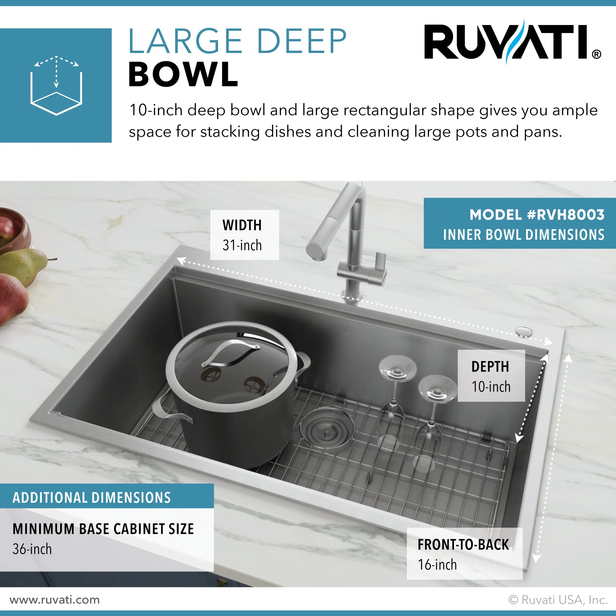 33 x 22 inch Workstation Ledge Drop-in Tight Radius 16 Gauge Stainless Steel Kitchen Sink Single Bowl