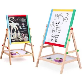 Portable & Adjustable Kids Double-Sided Wooden Easel (37 x 43 cm) with Magnetic Whiteboard, Chalkboard, Marker, and Duster for Drawing & Writing