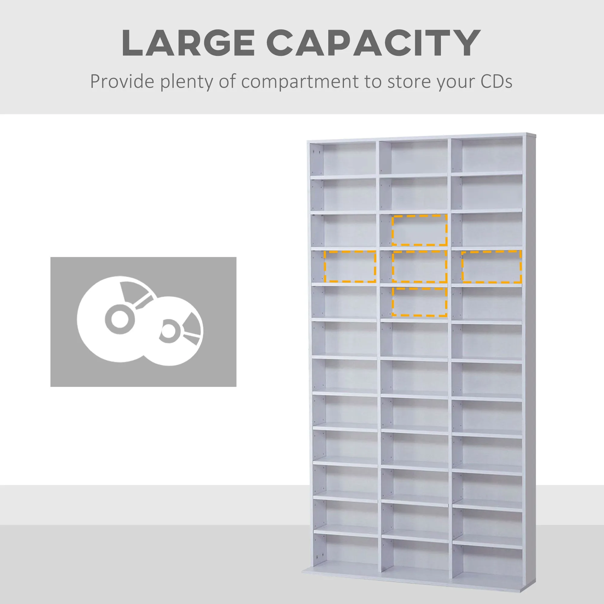 CD / DVD Storage Shelf Storage Unit for 1116 CDs Height-Adjustable Compartments 102 x 24 x 195 cm White