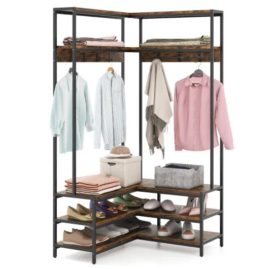 Corner Garment Rack with Open Shelves and 7 Hooks Shoe Bench-Rustic Brown