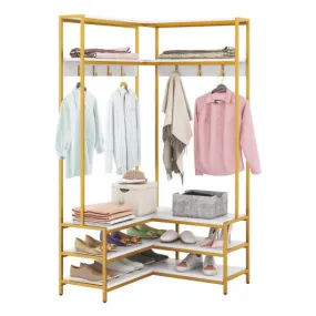 Corner Garment Rack with Open Shelves and 7 Hooks Shoe Bench-White