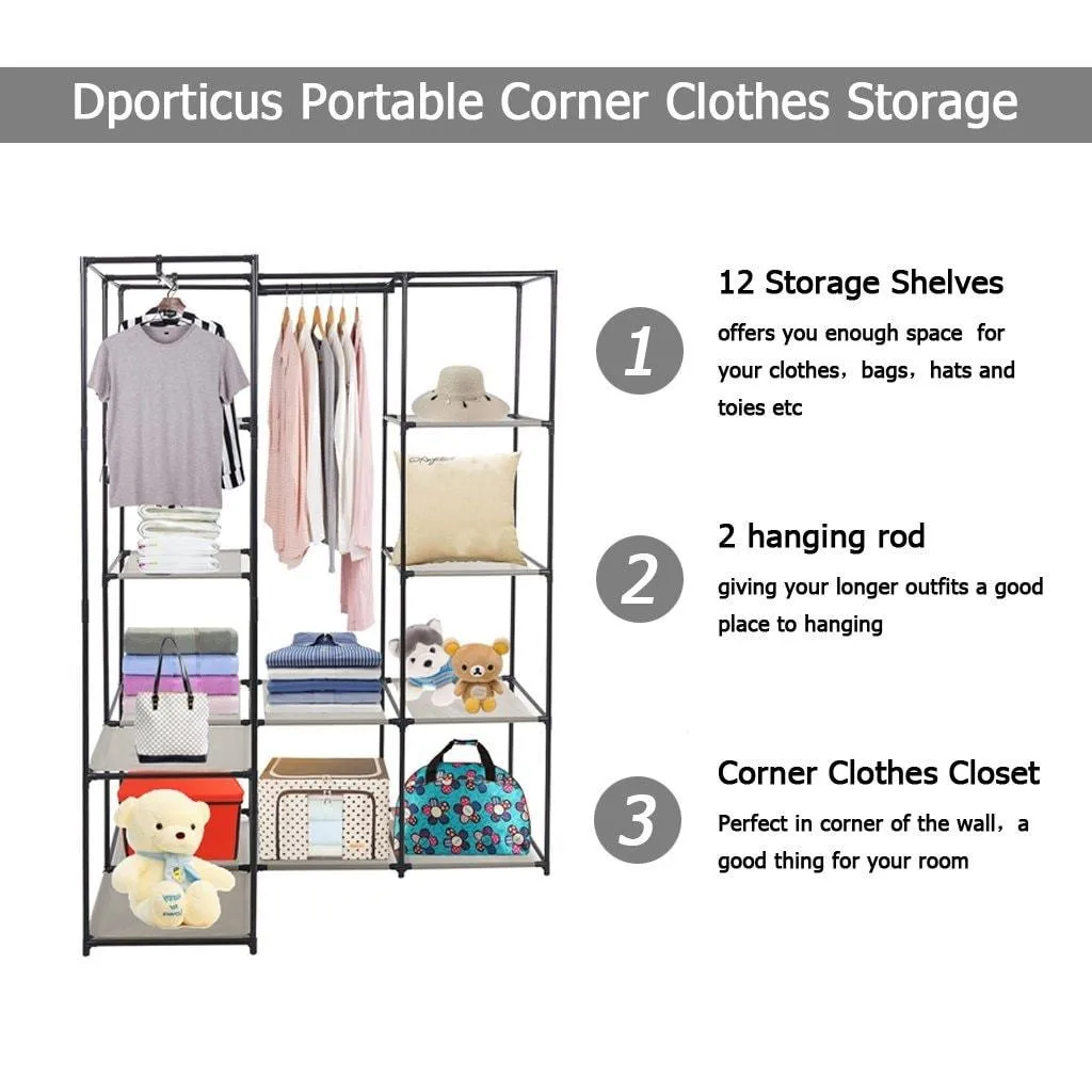 Dporticus Portable Corner Clothes Closet Wardrobe Storage Organizer with Metal Shelves and Dustproof Non-Woven Fabric Cover in Gray