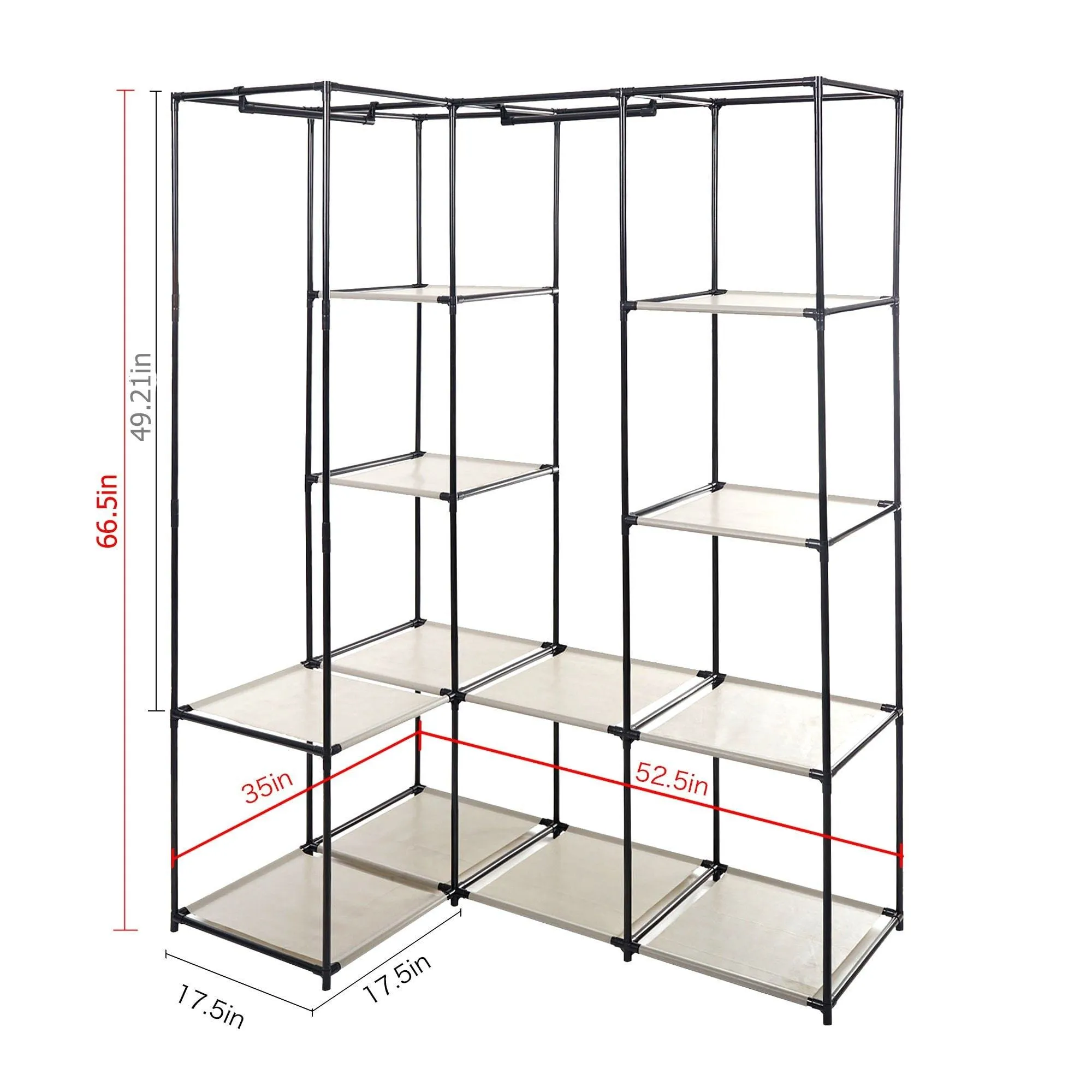 Dporticus Portable Corner Clothes Closet Wardrobe Storage Organizer with Metal Shelves and Dustproof Non-Woven Fabric Cover in Gray