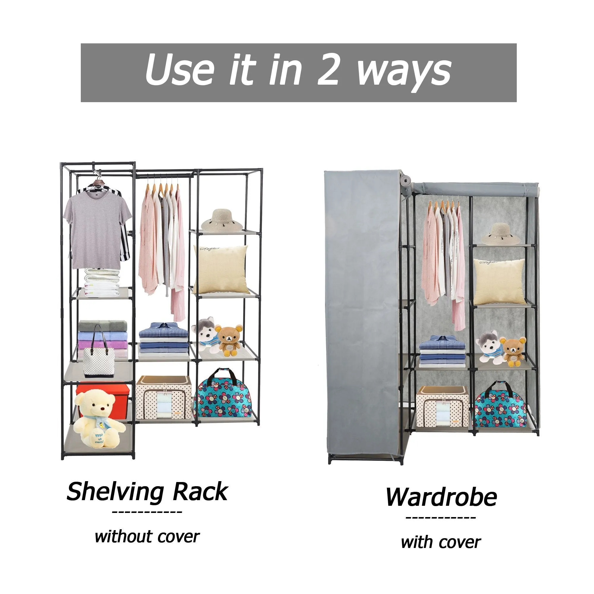 Dporticus Portable Corner Clothes Closet Wardrobe Storage Organizer with Metal Shelves and Dustproof Non-Woven Fabric Cover in Gray