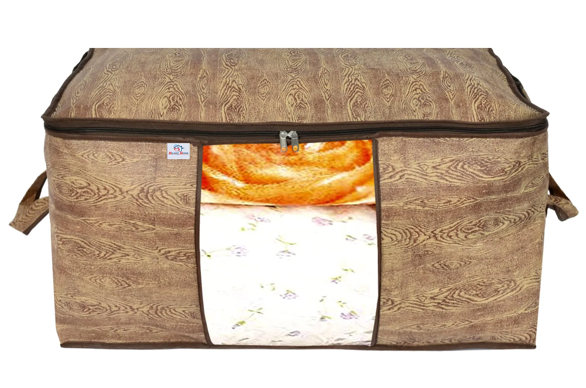 Heart Home Wooden Print Non Woven 2 Pieces Underbed Storage Bag,Cloth Organiser,Blanket Cover with Transparent Window (Brown)