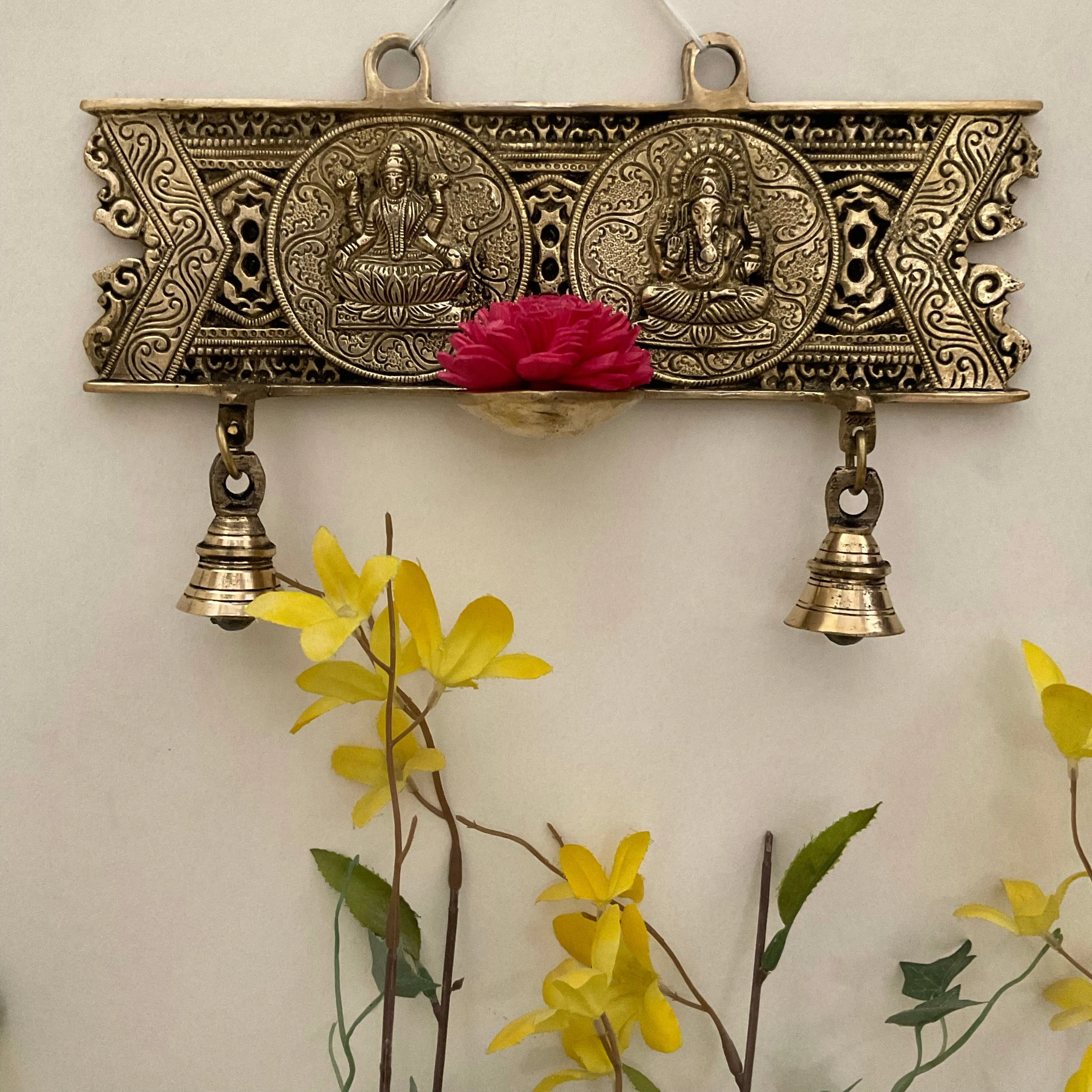 Lakshmi Ganesh Diya Bell Brass Divine Wall Hanging - Festive Decor, Indian gift Idea