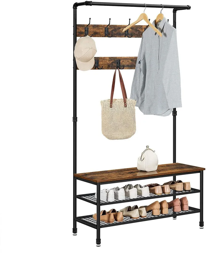 VASAGLE Coat Rack Stand with 9 Hooks and Shoe Rack, Industrial Style, Multifunctional Hall Tree, Sturdy Steel Frame