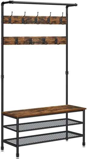 VASAGLE Coat Rack Stand with 9 Hooks and Shoe Rack, Industrial Style, Multifunctional Hall Tree, Sturdy Steel Frame