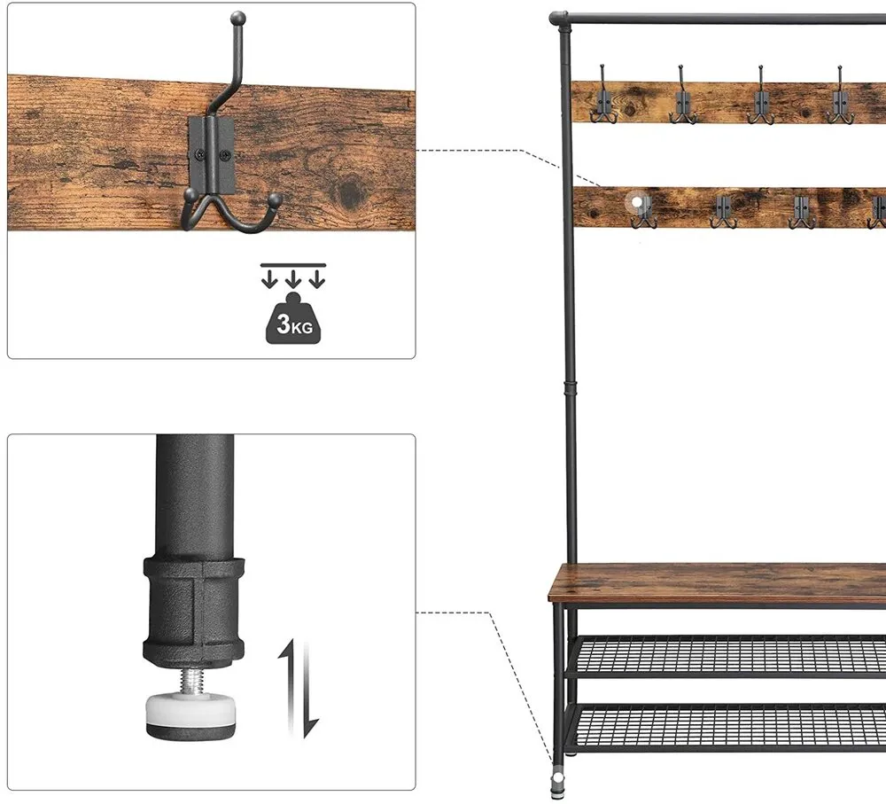 VASAGLE Coat Rack Stand with 9 Hooks and Shoe Rack, Industrial Style, Multifunctional Hall Tree, Sturdy Steel Frame